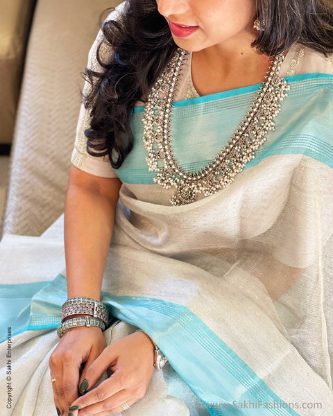 Silver Zari Silk Saree Matching Jewellery EE-W01781 Silver Blue