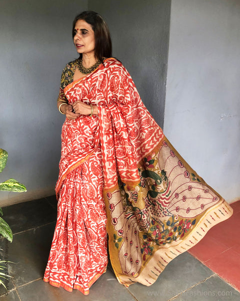 Gulkar Peach Dabu Saree