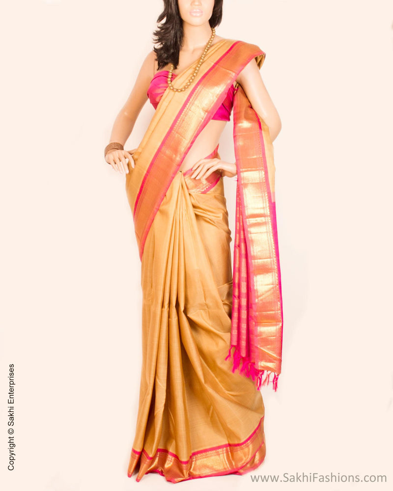 DPO-25683 - Beige & Pink Pure Kanchivaram Silk Saree