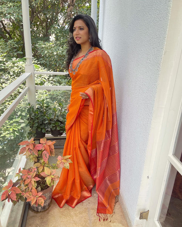 EE-W08629 Orange Maheshwari Saree