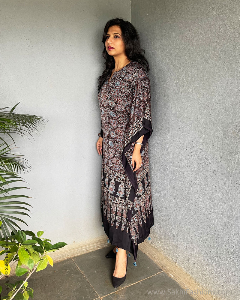 modal silk kaftan dress Asma Handblocked Ajrakh Red Modal Silk Kaftan
