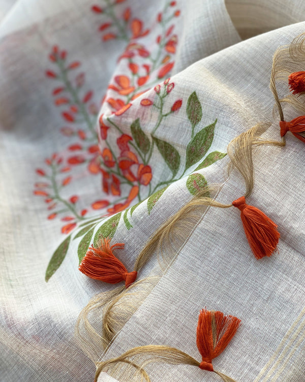IT-V15897 Cream & Orange Linen Saree