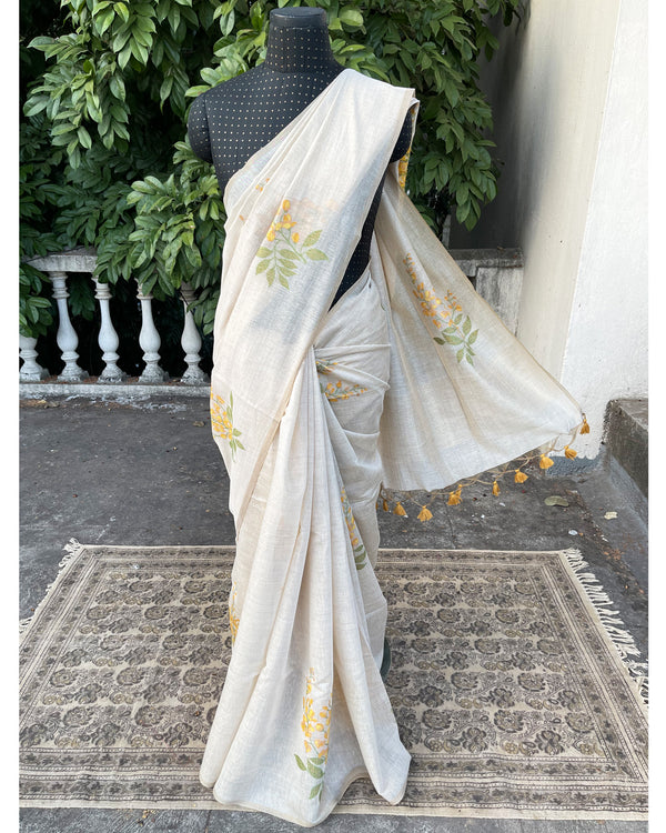IT-V15894 Cream & Yellow Linen Saree