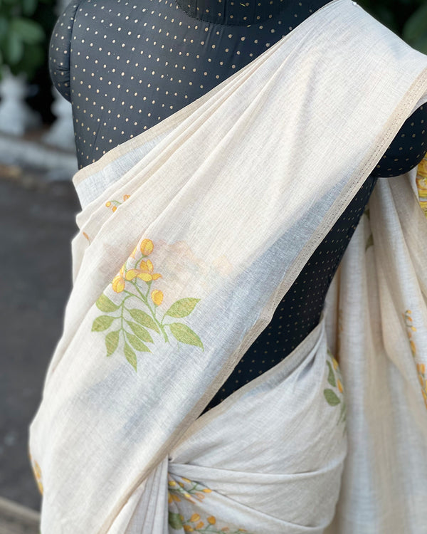 IT-V15894 Cream & Yellow Linen Saree