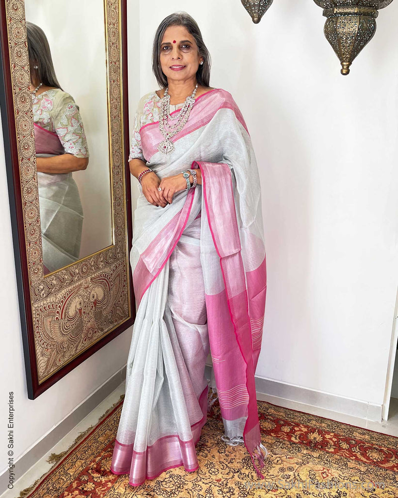 EE-W01780 Silver Pink Tissue Sari