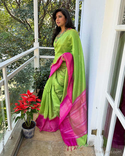 EE-W12141 Parrot Green Rawsilk Sari