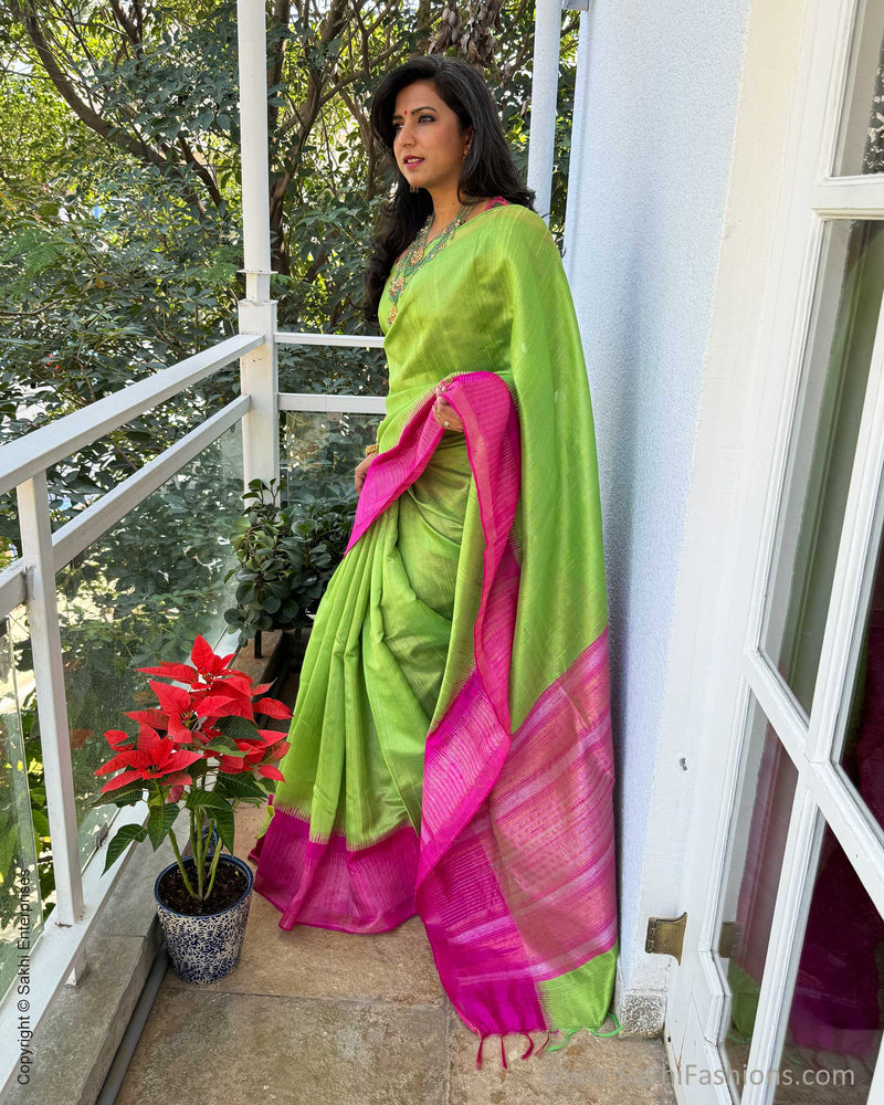 EE-W12141 Parrot Green Rawsilk Sari