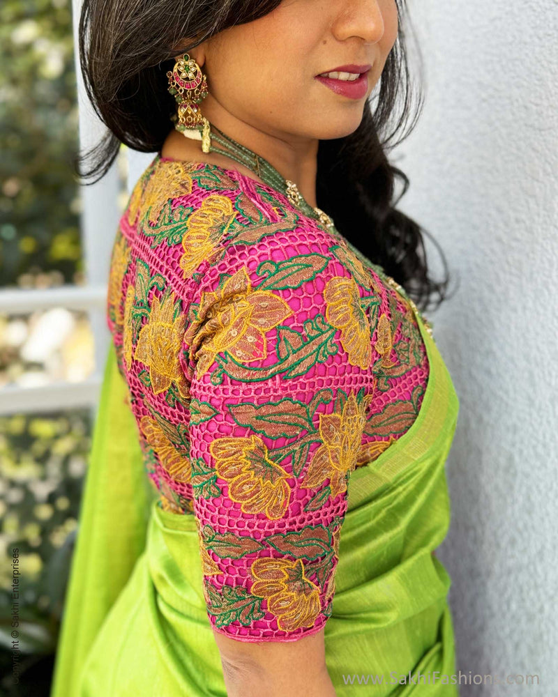 EE-W12141 Parrot Green Rawsilk Sari