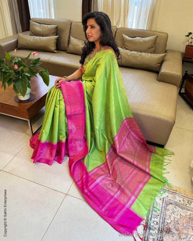 EE-W12141 Parrot Green Rawsilk Sari