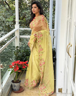 EE-W15605 Green Floral Tissue sari