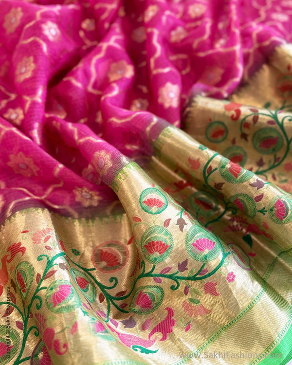 EE-W16662 Green Pink Silk Kota Sari