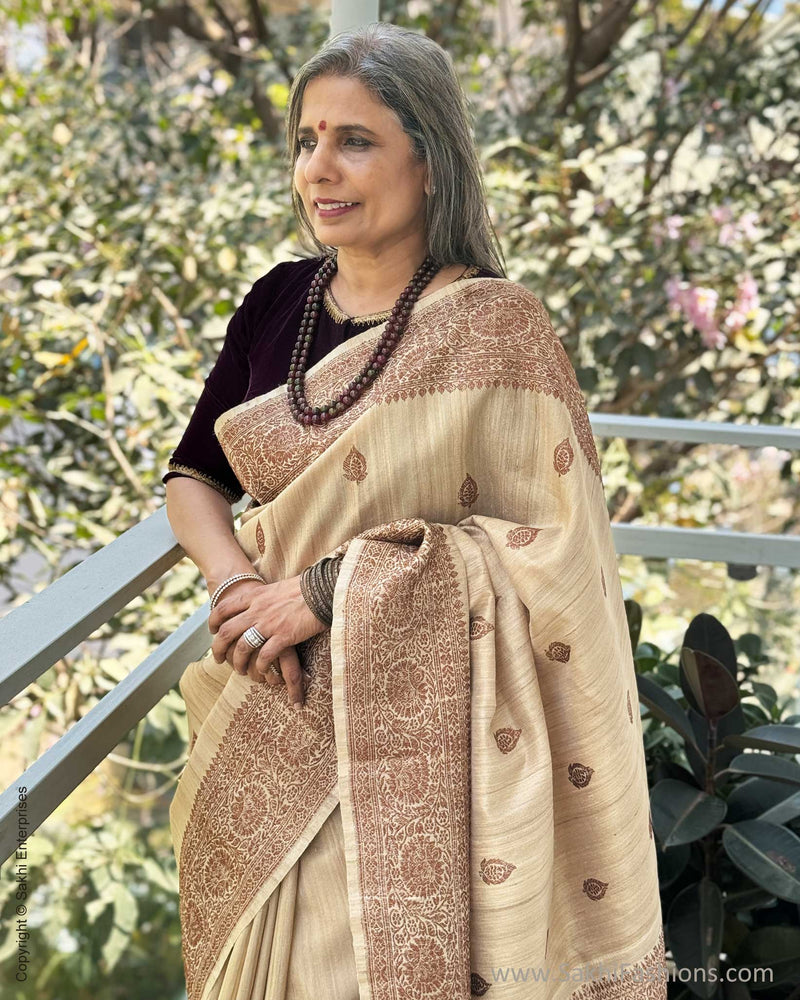 EE-W18570 Beige Tussar Banarsi Sari