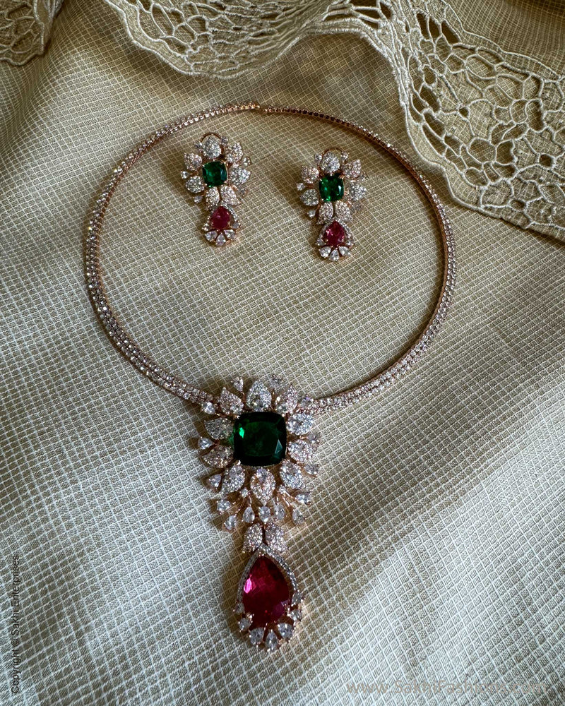 AJ-W18989 Green Diamante Pendant Set