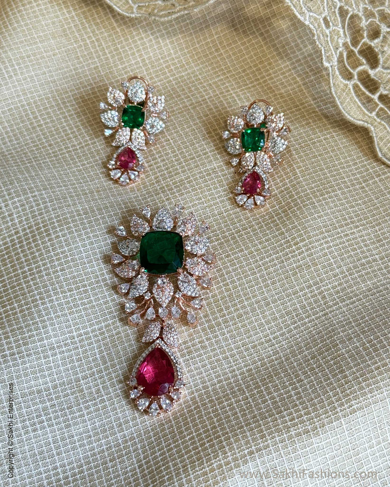 AJ-W18989 Green Diamante Pendant Set