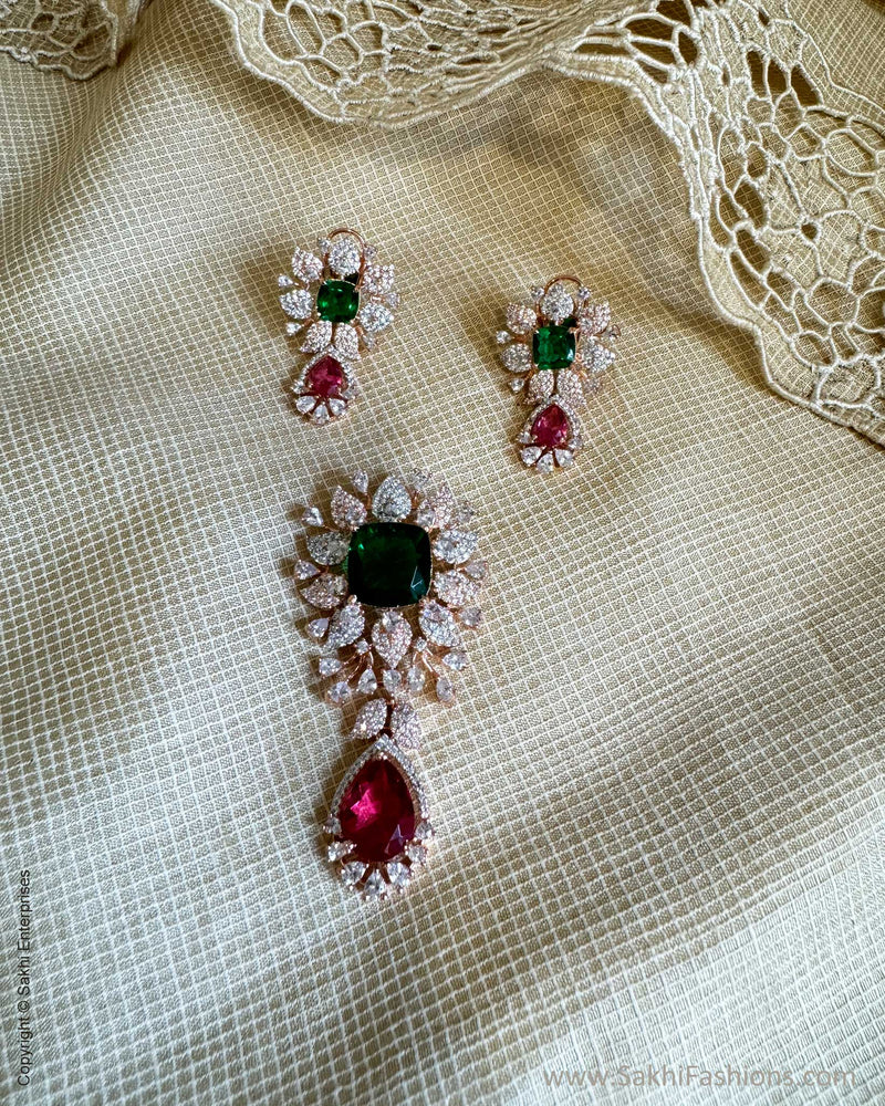 AJ-W18989 Green Diamante Pendant Set