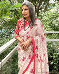 EE-X02983 Cream Red Kantha cotton Sari