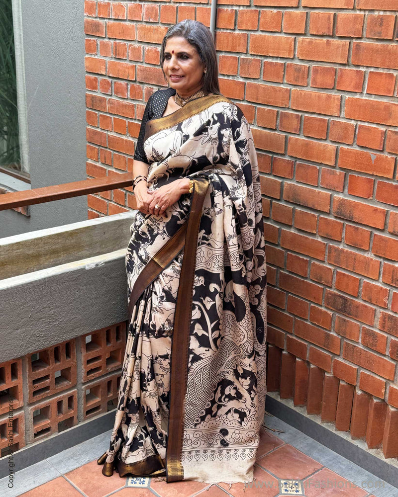 EE-X06749 Black Nandi Kalamkari Sari