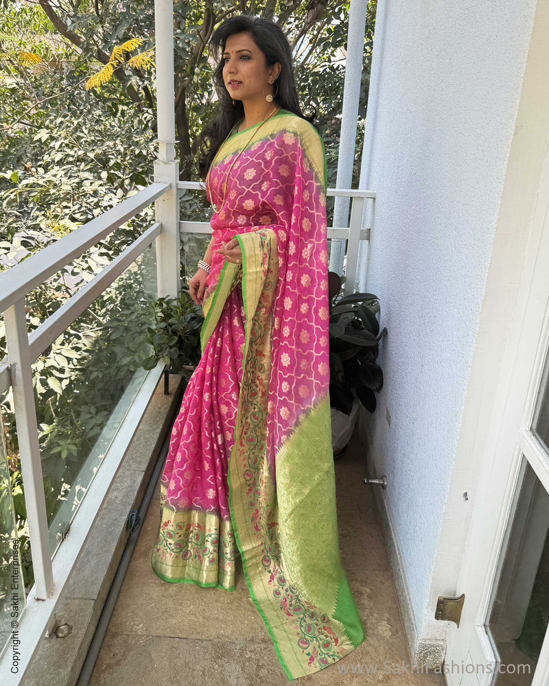 EE-W16662 Green Pink Silk Kota Sari