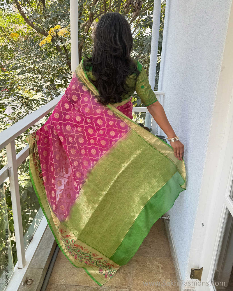 EE-W16662 Green Pink Silk Kota Sari