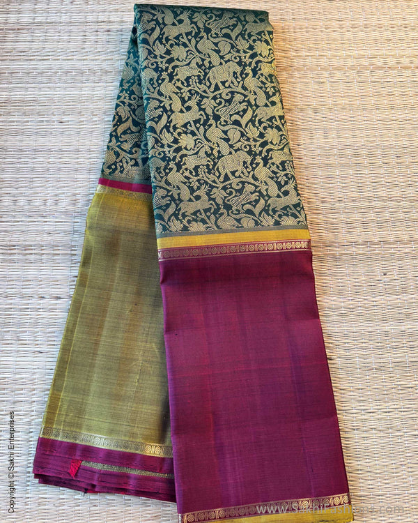 Kanchi Cotton Saree x Ganga-Jamuna Border : Amber x Purple x Green
