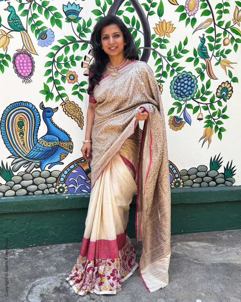 EE-X17203 Cream Pink Banarsi Frill Sari