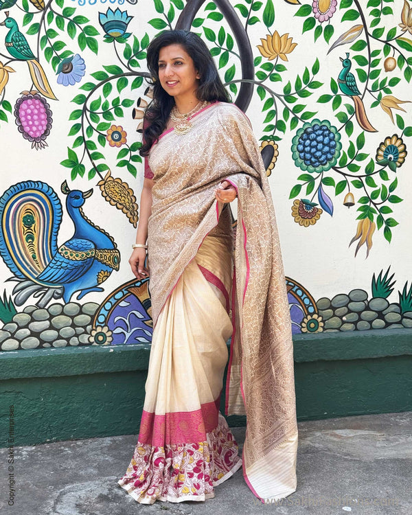 EE-X17203 Cream Pink Banarsi Frill Sari