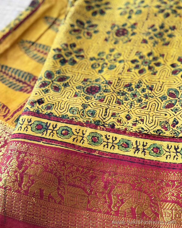 DP-Y01792 Yellow Ajrakh Saree