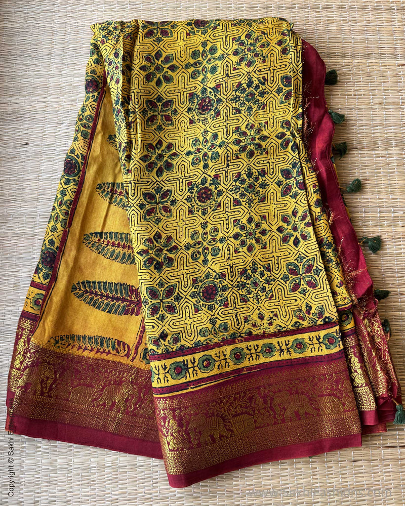DP-Y01792 Yellow Ajrakh Saree