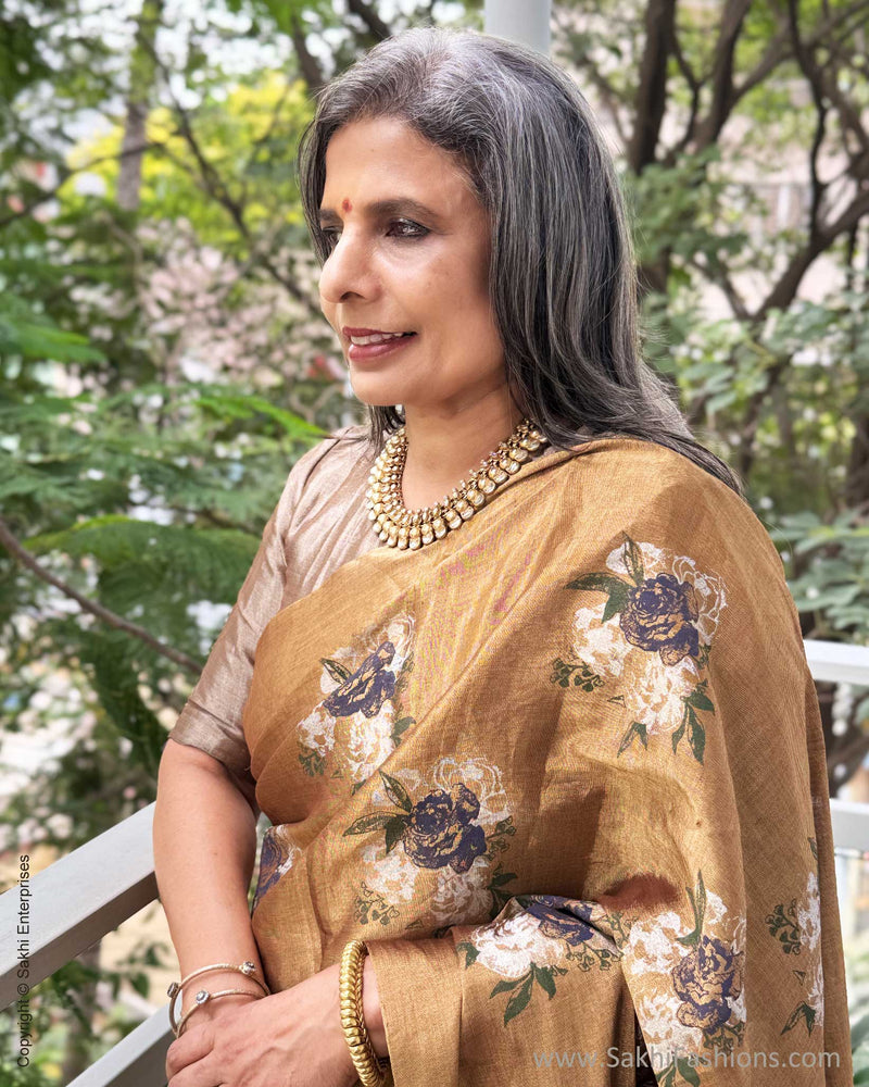 EE-Y03609 Gold floral Tissue Sari