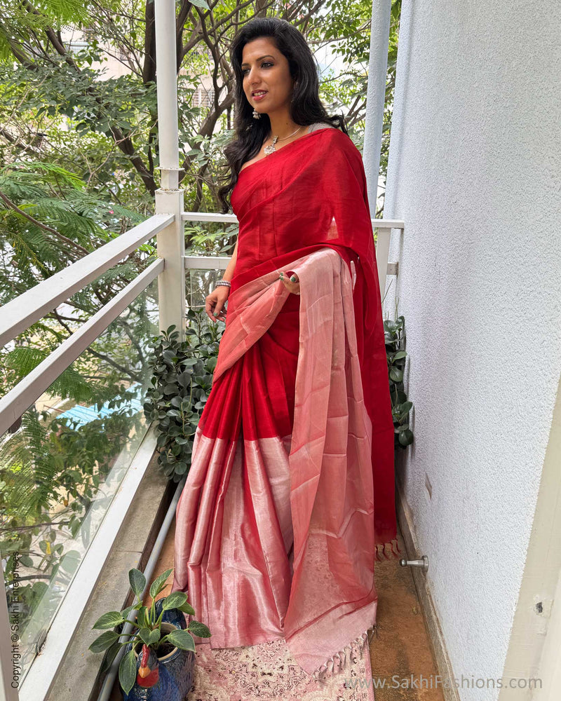 EE-Y04358 Red Silver Tissue Sari