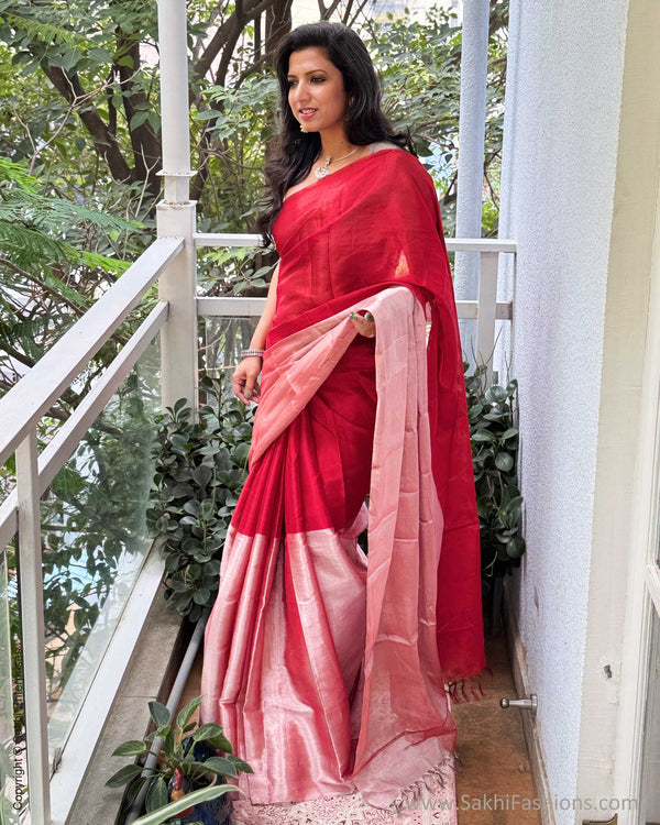 EE-Y04358 Red Silver Tissue Sari
