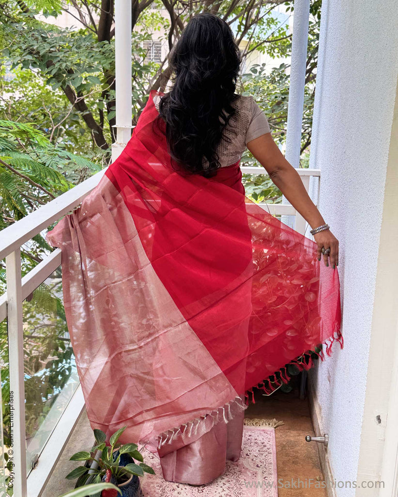 EE-Y04358 Red Silver Tissue Sari