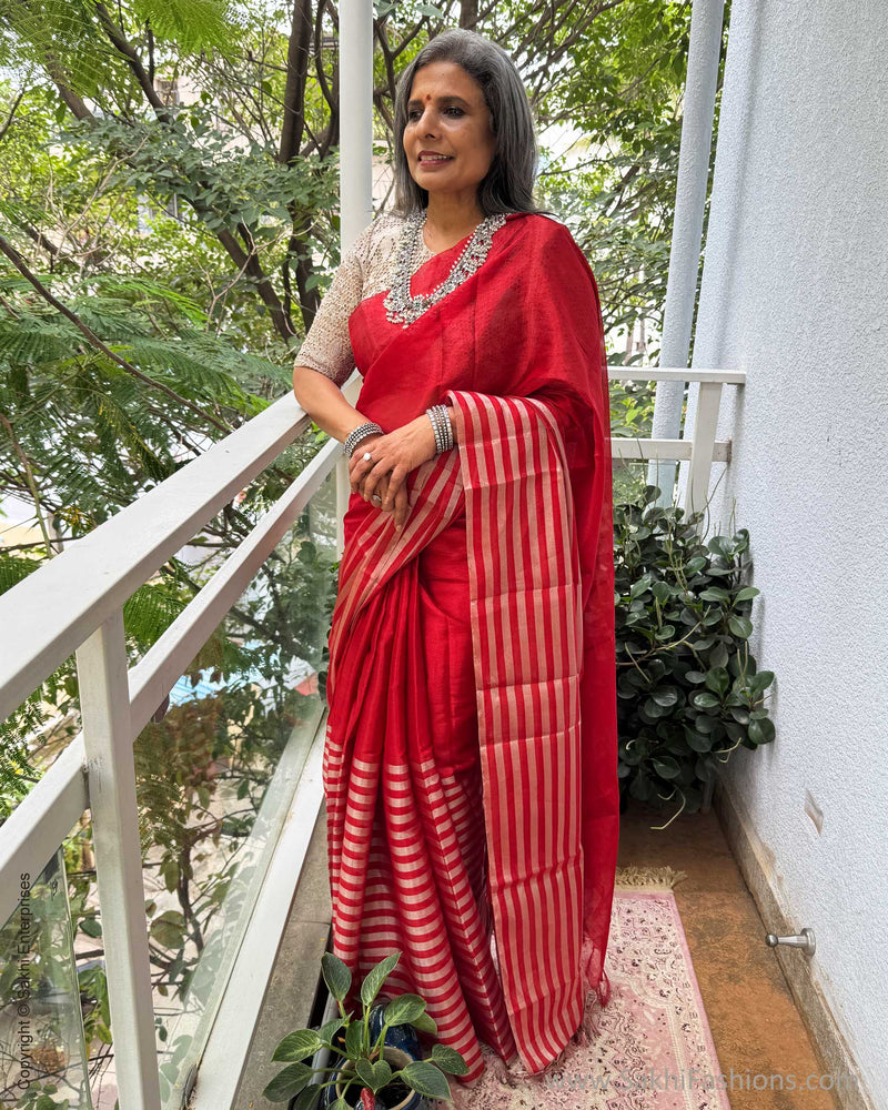EE-Y04357 Red Silver Tissue Sari