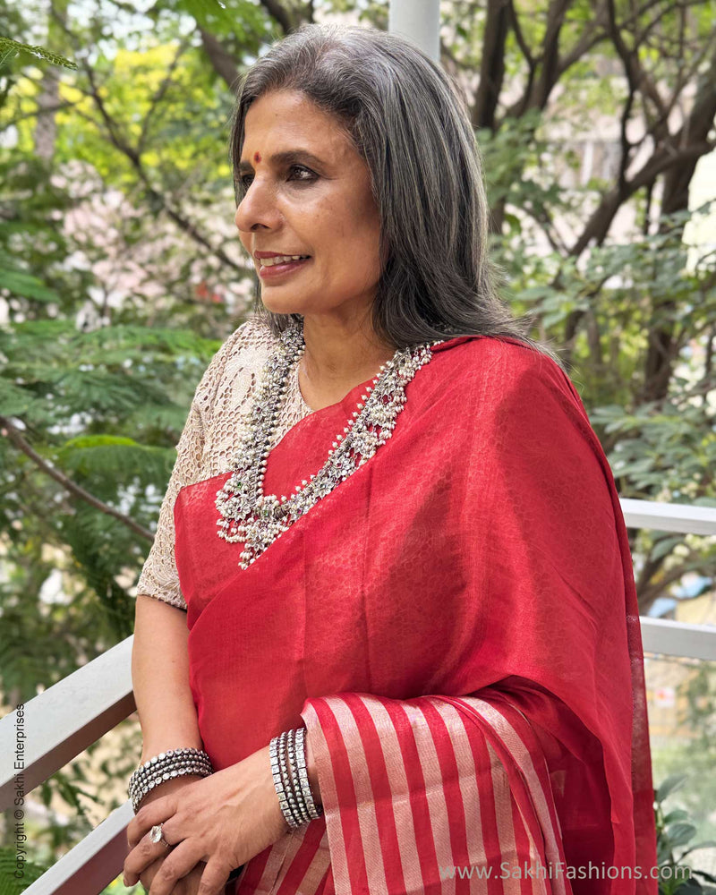 EE-Y04357 Red Silver Tissue Sari