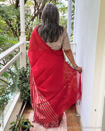 EE-Y04357 Red Silver Tissue Sari
