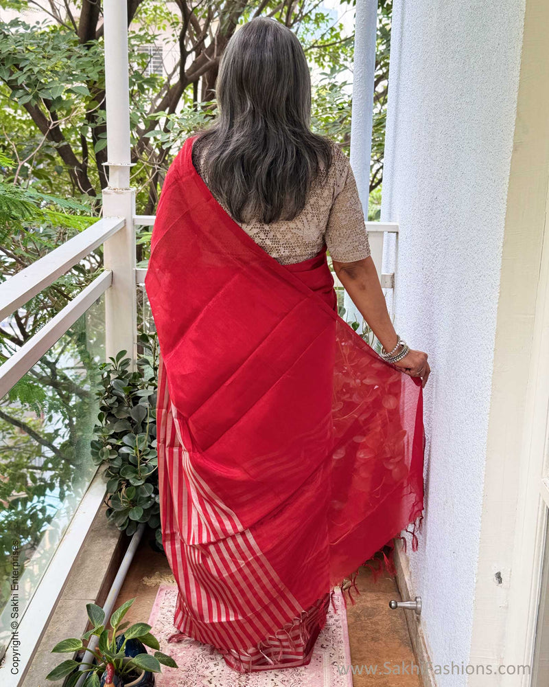 EE-Y04357 Red Silver Tissue Sari
