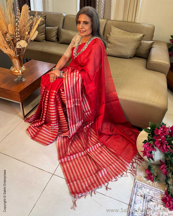 EE-Y04357 Red Silver Tissue Sari