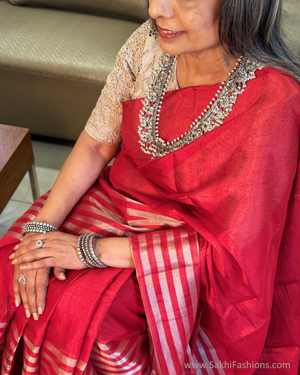 EE-Y04357 Red Silver Tissue Sari