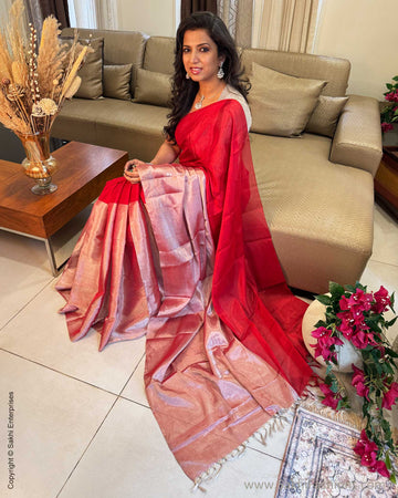 EE-Y04358 Red Silver Tissue Sari