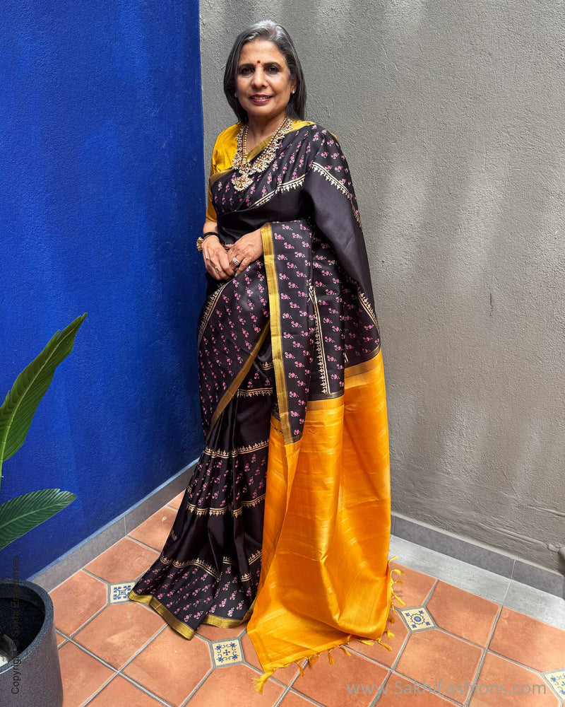 EE-Y07631 Black Floral Kanchi Sari