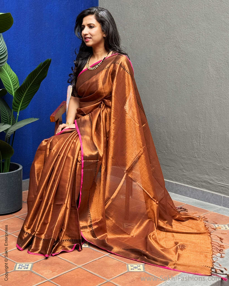 EE-X16206 Brown Tissue Cotton Sari