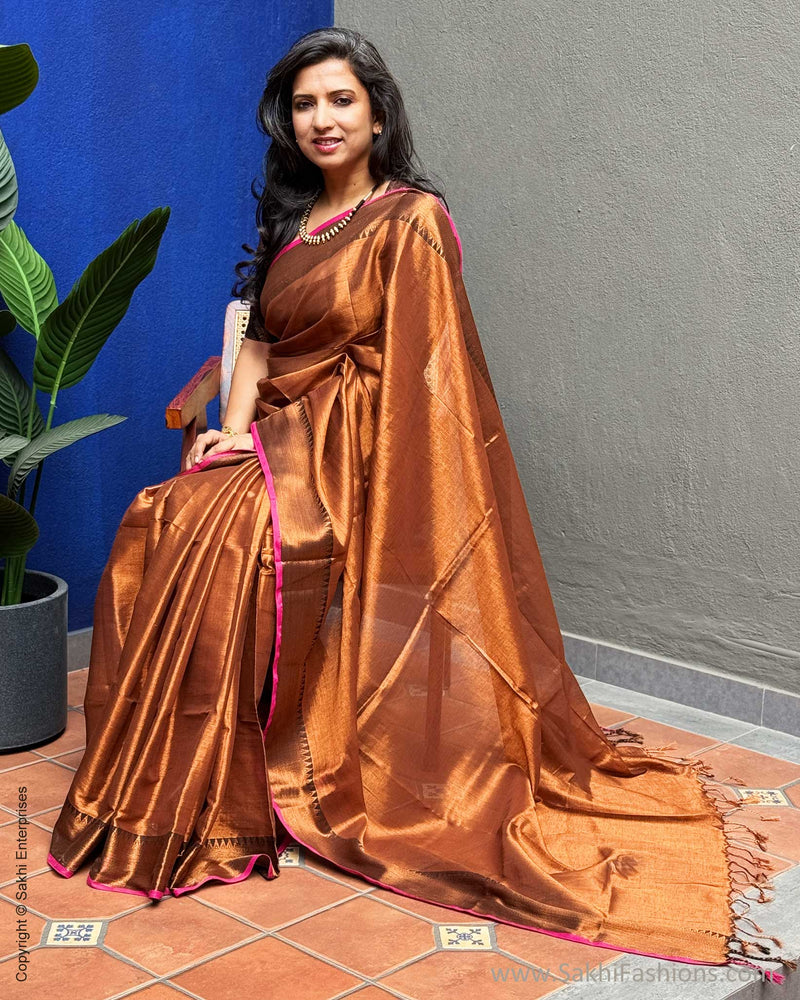 EE-X16206 Brown Tissue Cotton Sari