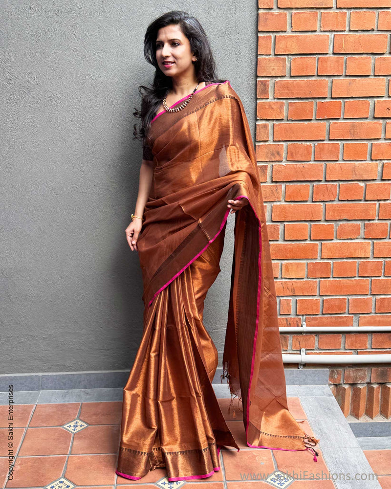 EE-X16206 Brown Tissue Cotton Sari