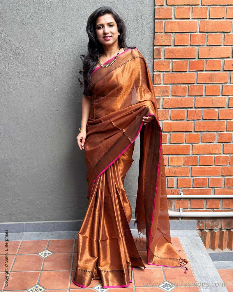 EE-X16206 Brown Tissue Cotton Sari