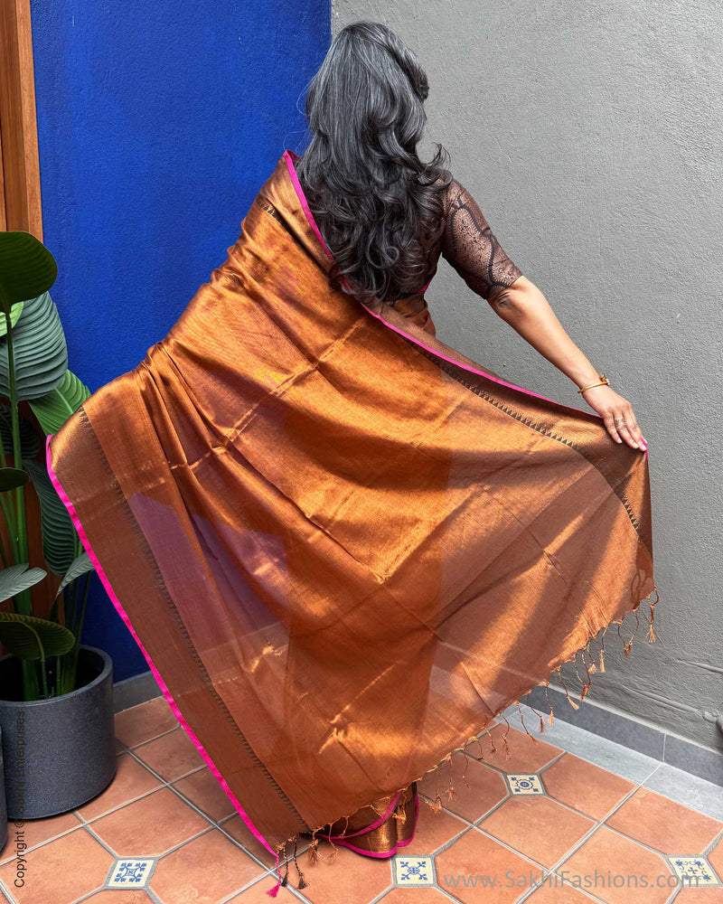 EE-X16206 Brown Tissue Cotton Sari