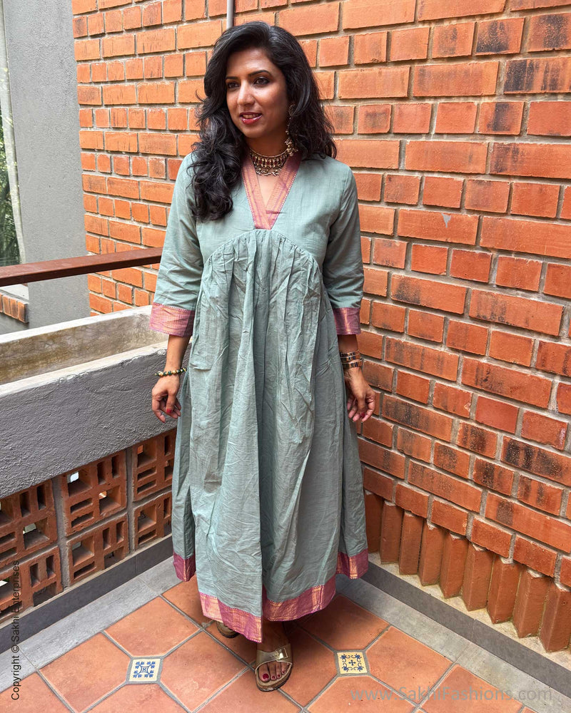 EE-G06848D Green Mangalgiri Dress
