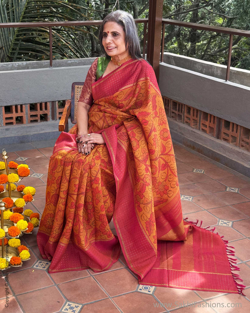 EE-Y09635 Orange Kalamkari Kanchi Silk