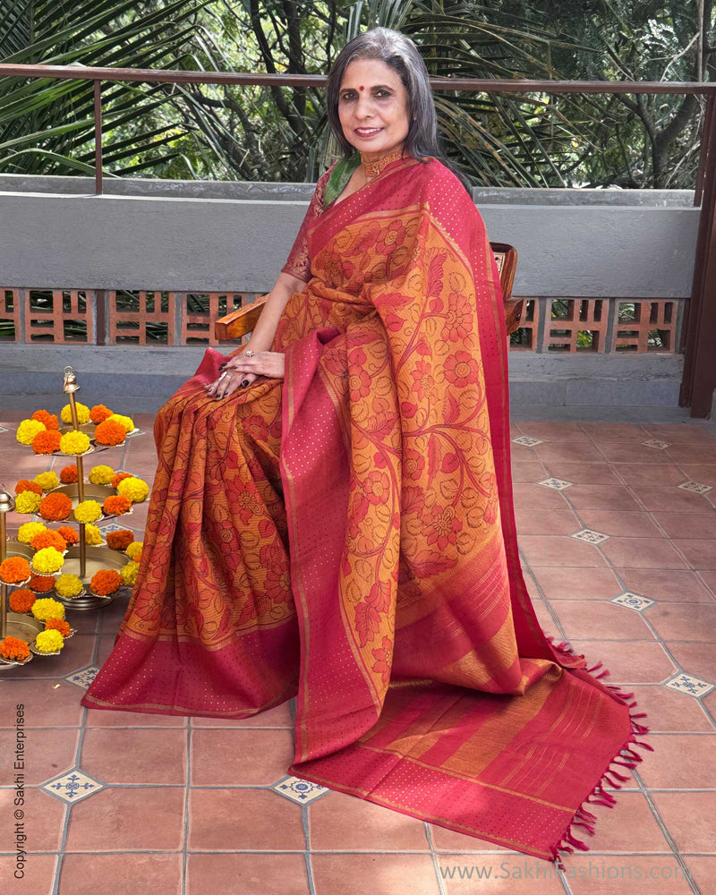 EE-Y09635 Orange Kalamkari Kanchi Silk