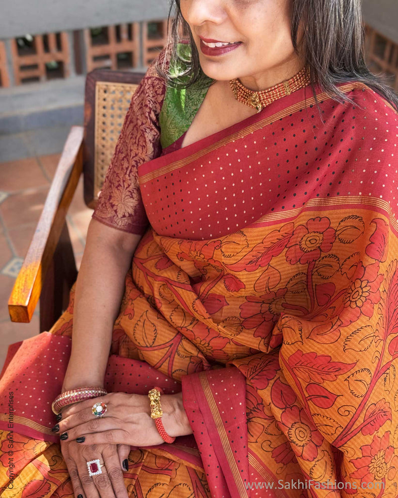EE-Y09635 Orange Kalamkari Kanchi Silk