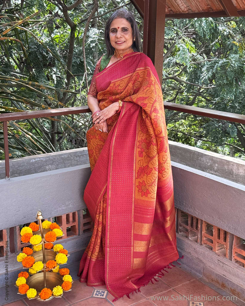 EE-Y09635 Orange Kalamkari Kanchi Silk